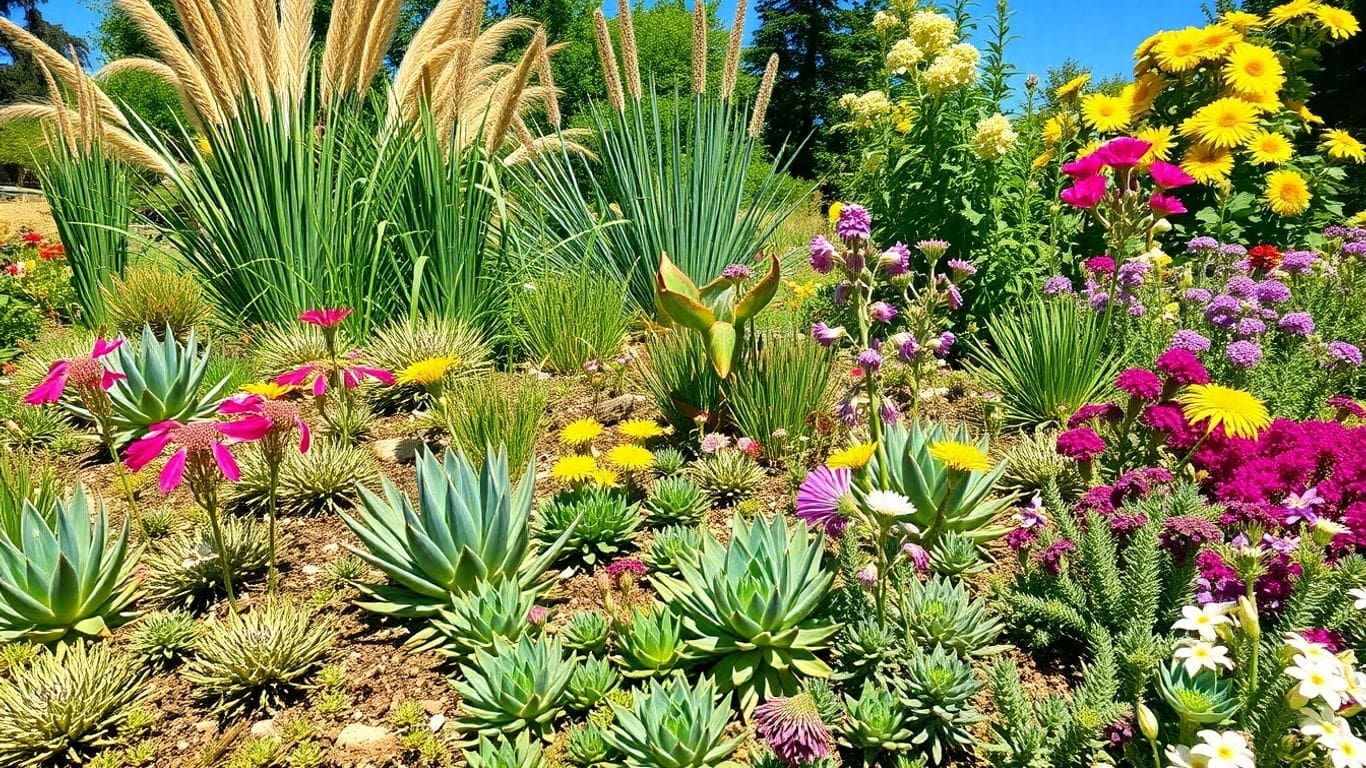 Colorful drought-tolerant garden with succulents and flowers