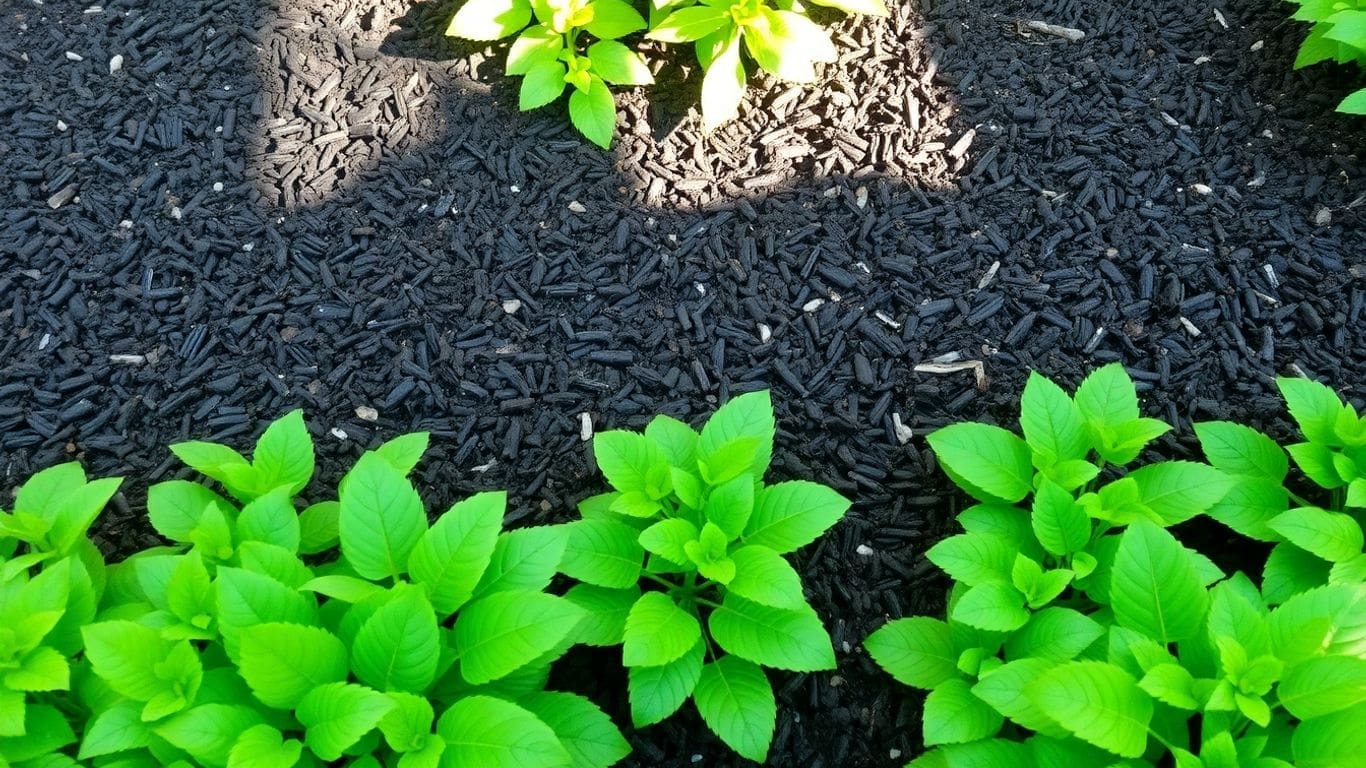 vibrant green plants in black mulched garden bed
