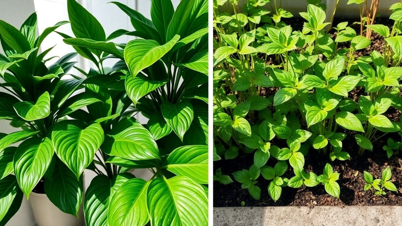 Indoor and outdoor lush green plants with vibrant leaves