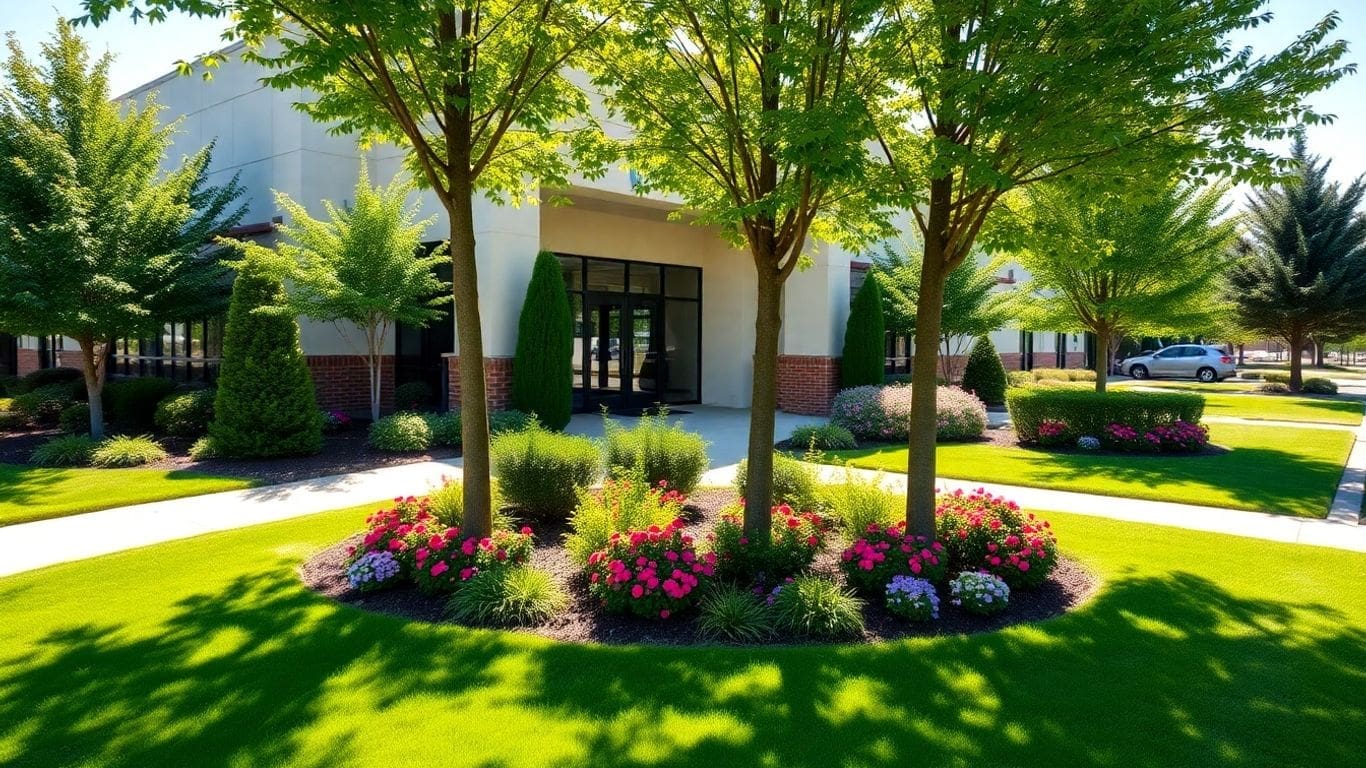 well-maintained commercial landscaping with green lawns and flowers