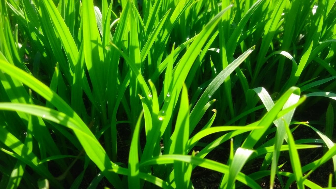 close-up of vibrant green grass blades with water droplets
