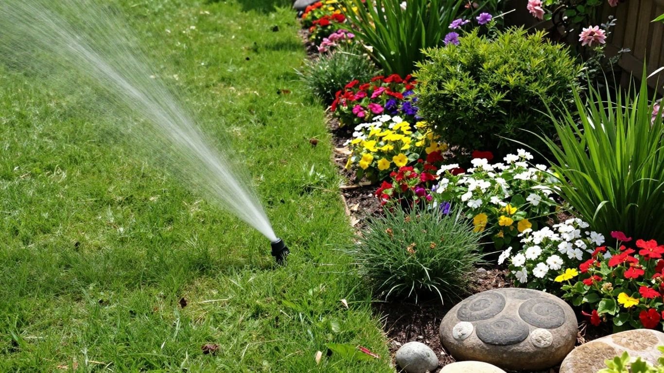 sprinkler watering green lawn with colorful flower bed