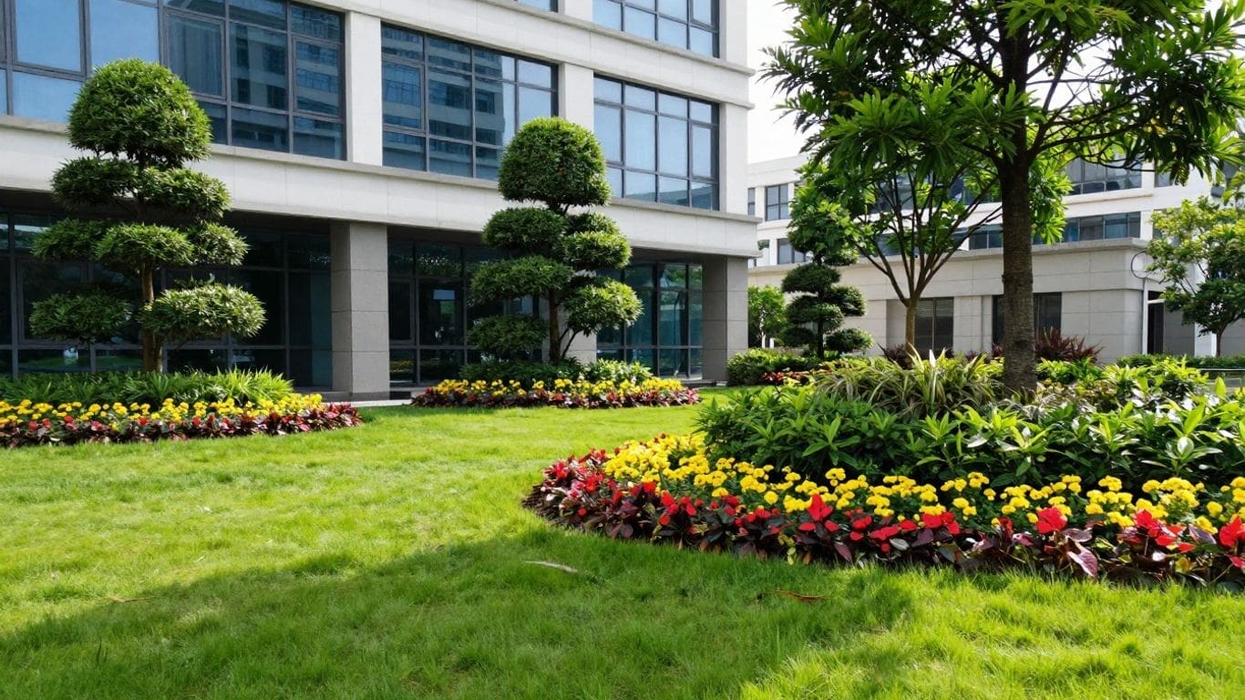 modern office building with landscaped garden and colorful flowers