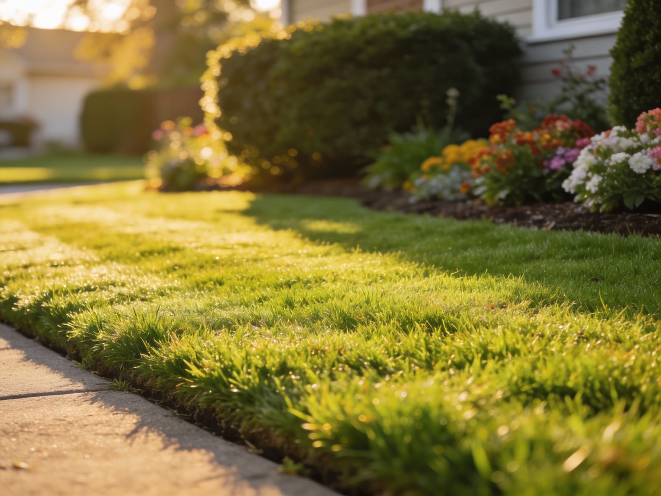 sunlit green lawn with colorful flower bed