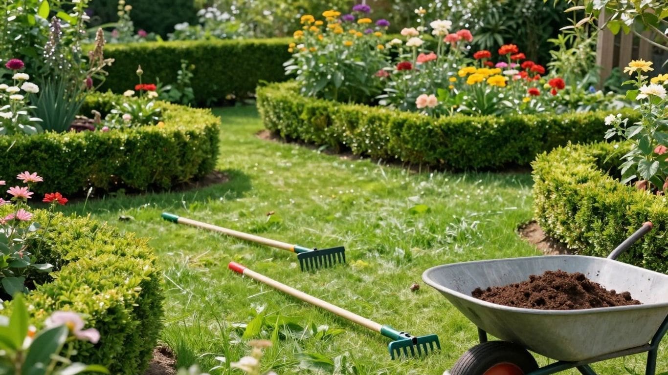 garden with colorful flowers, wheelbarrow, and rakes