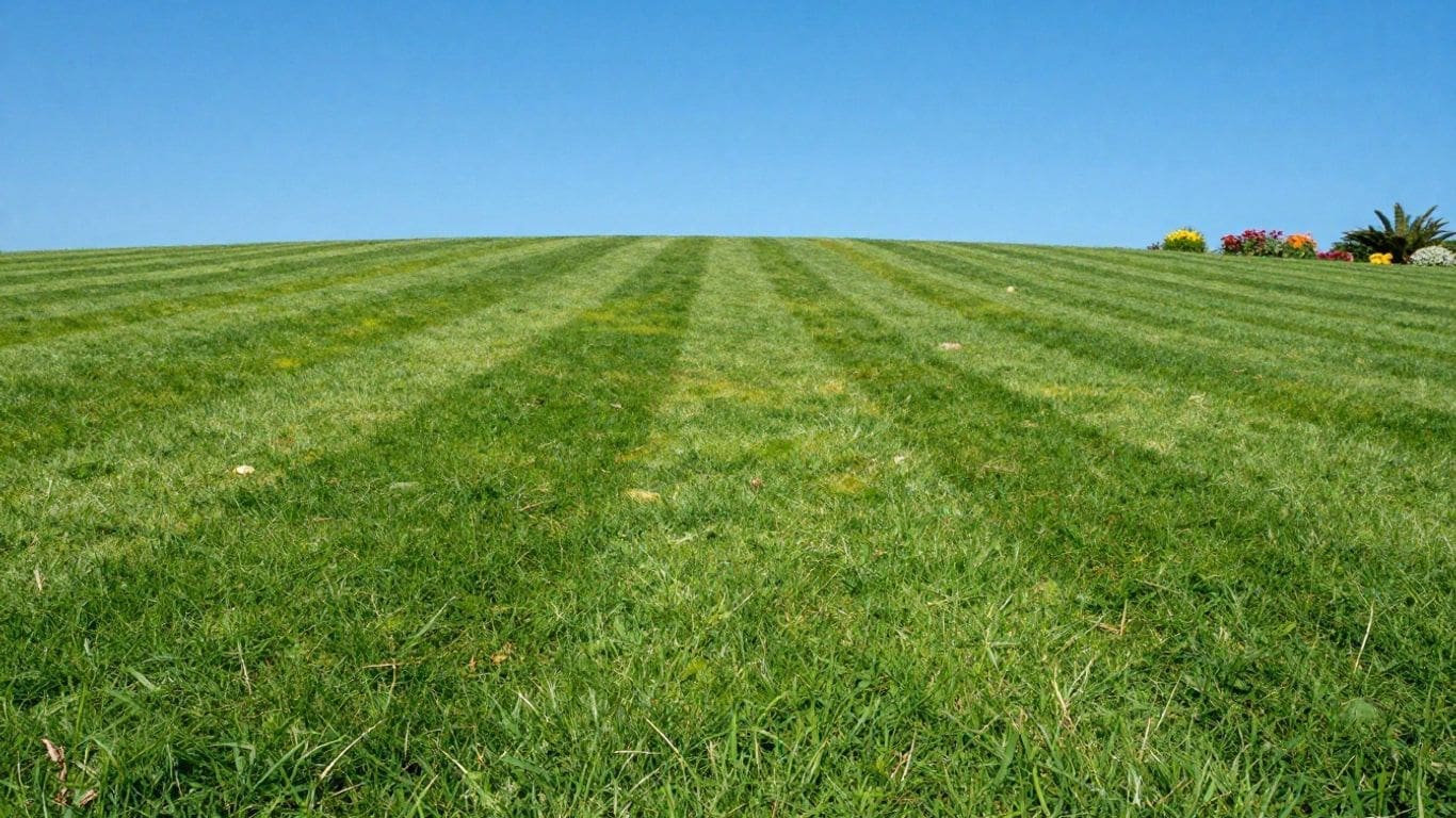vast green lawn with clear blue sky and distant flowers