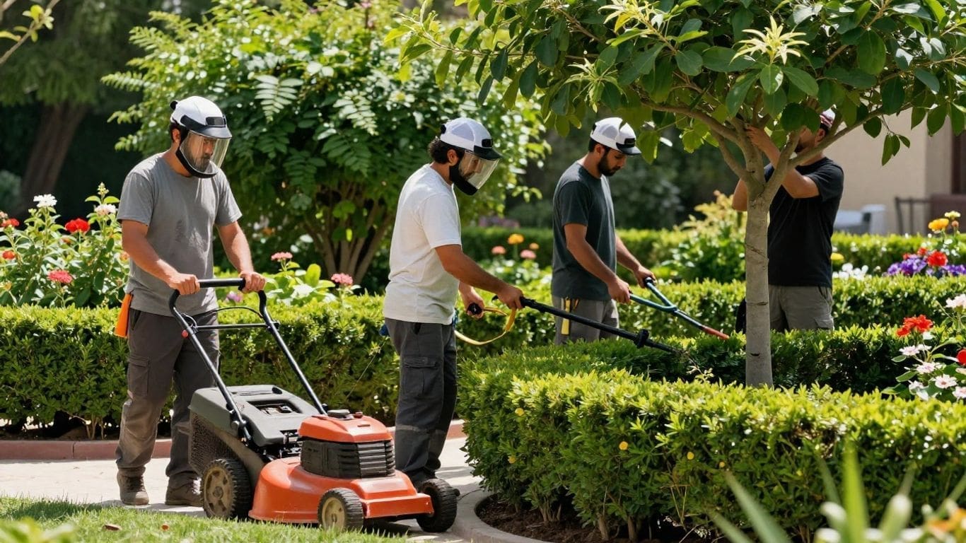 Three landscapers mowing and trimming garden hedges
