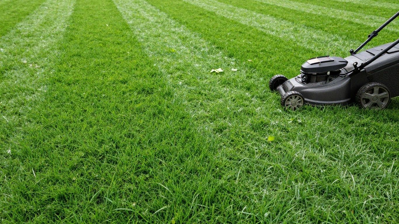 lawn mower cutting green grass with striped pattern