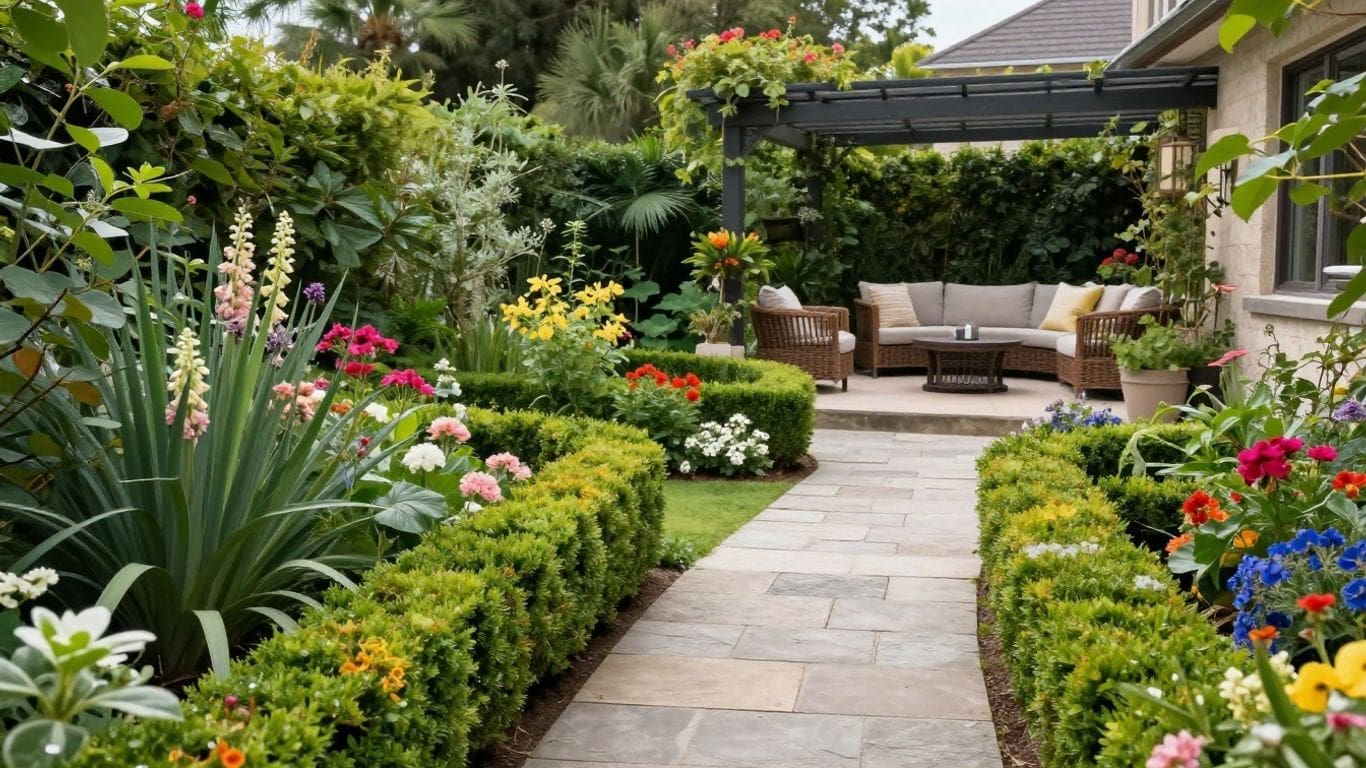 lush garden with colorful flowers and patio seating area