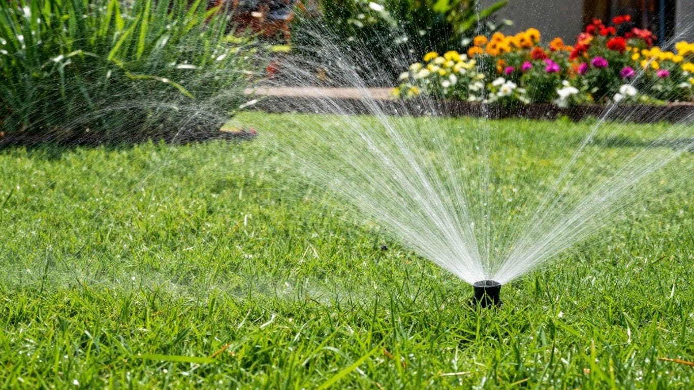sprinkler watering green lawn with colorful flowers