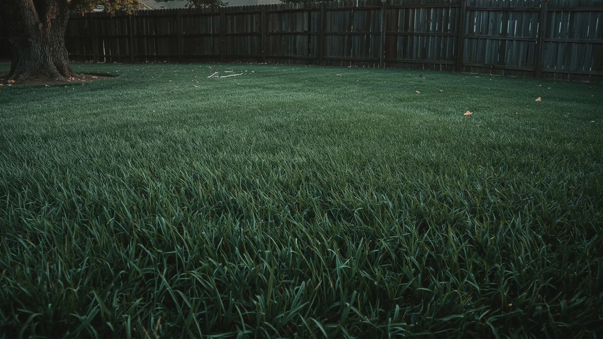 Cool season grass lawn in early autumn morning with dew and fallen leaves
