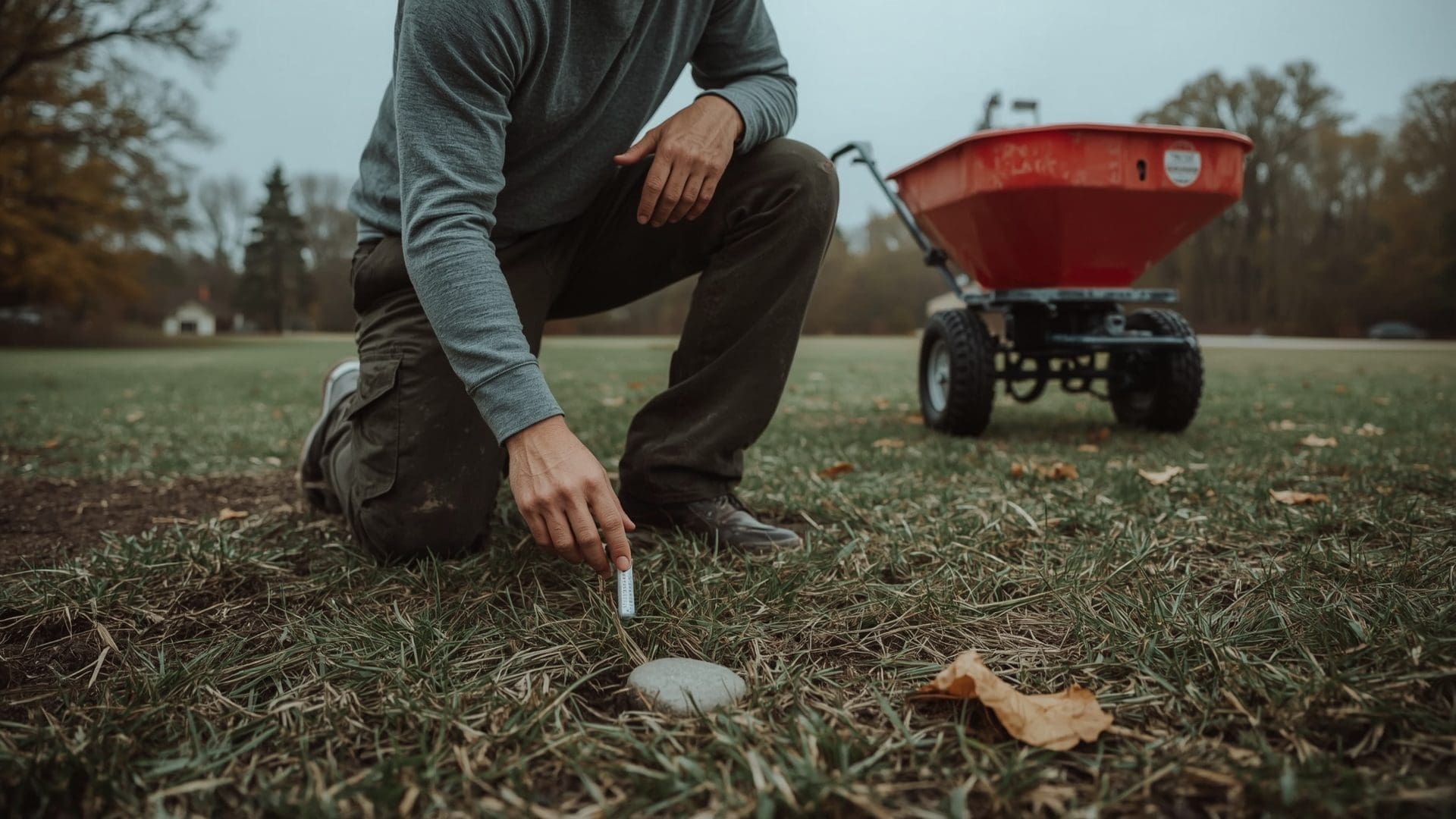 Gardener checking soil temperature with thermometer before seeding cool season grass