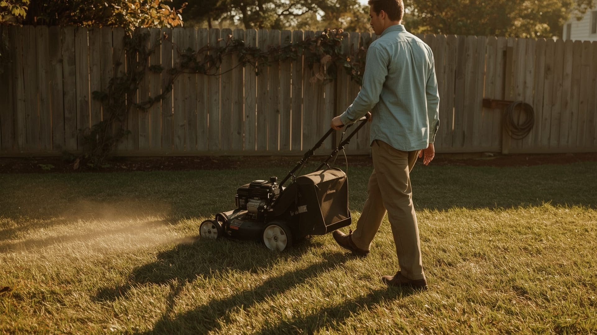 Man pushing lawn mower across warm season grass in golden evening backyard light