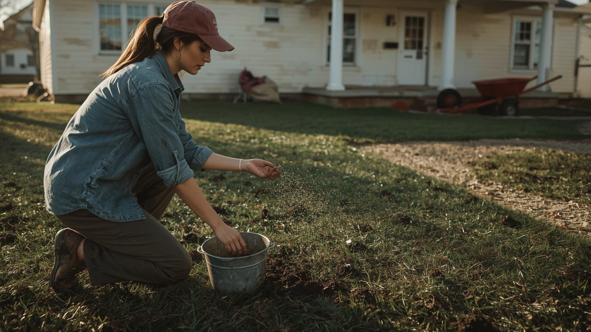 Woman kneeling on aerated lawn spreading grass seed in golden afternoon light