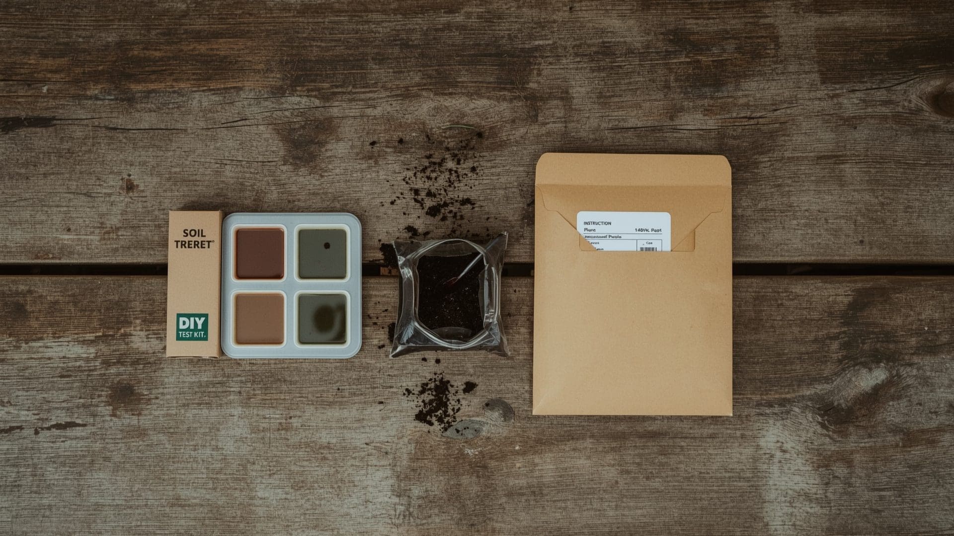 DIY lawn soil test kit and lab sample mailer on wooden bench