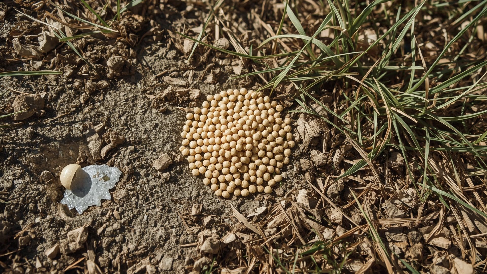 Dry fertilizer granules sitting undissolved on cracked compacted lawn soil surface