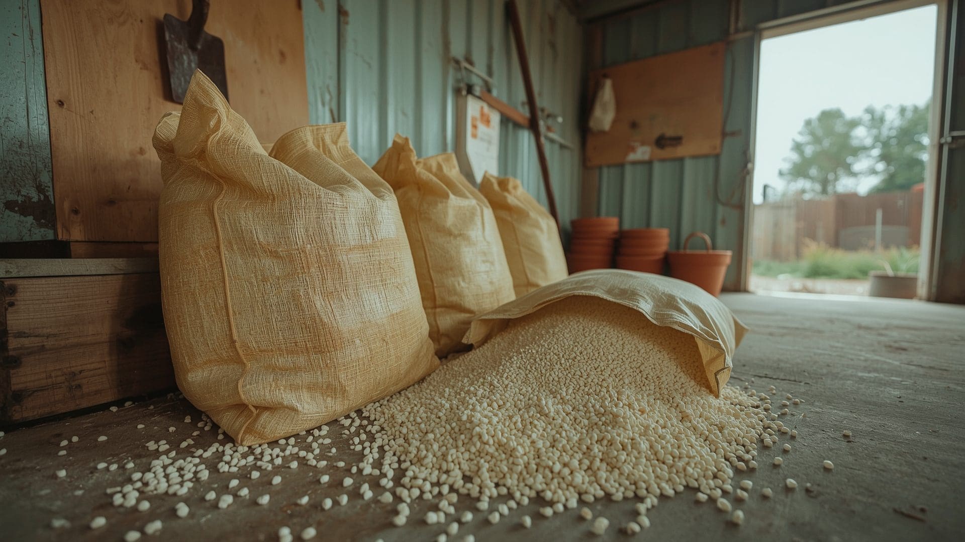 Granular starter fertilizer bags and scattered granules on weathered potting bench