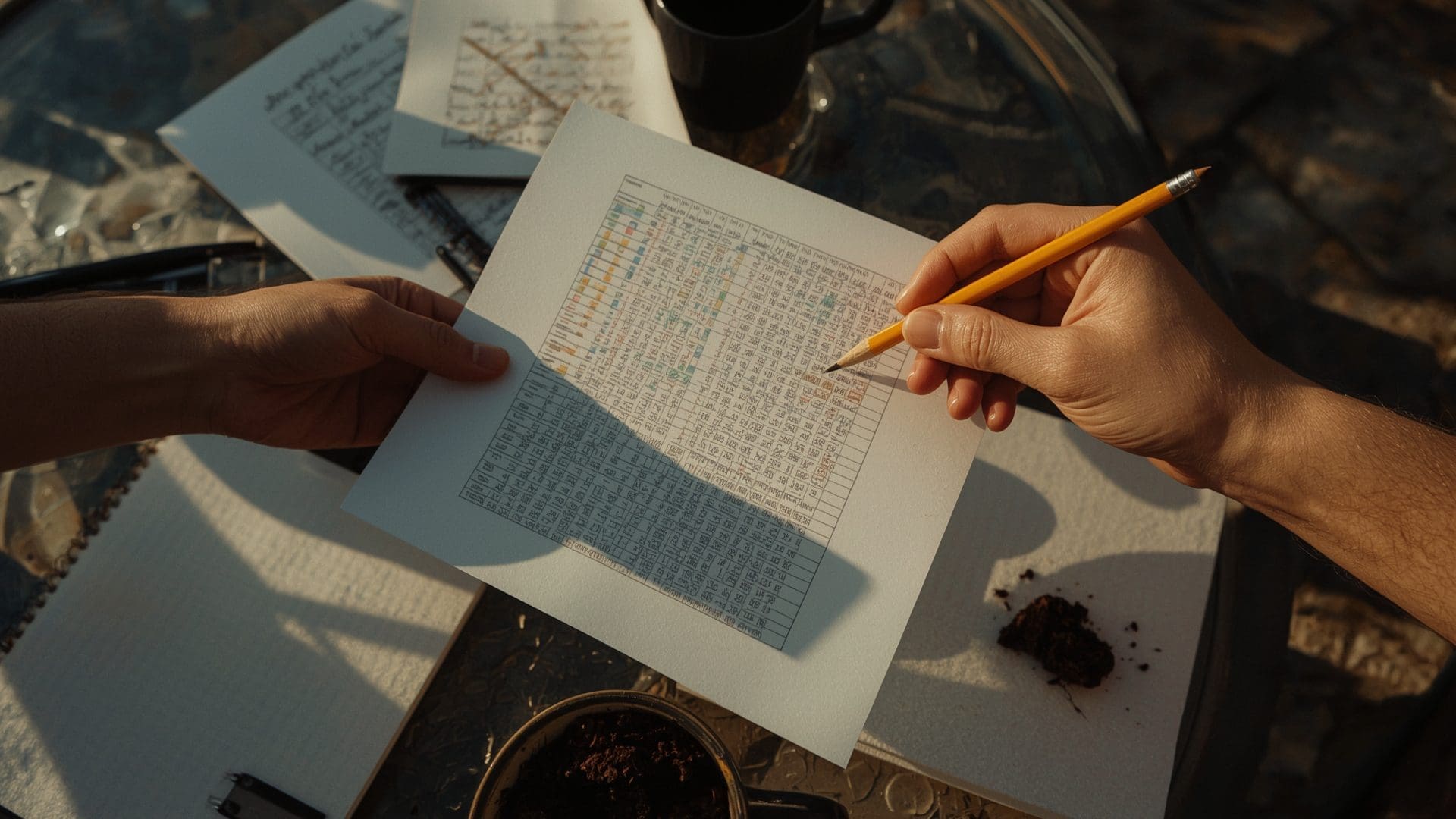 Hands reviewing printed lawn soil test results with pencil and notebook