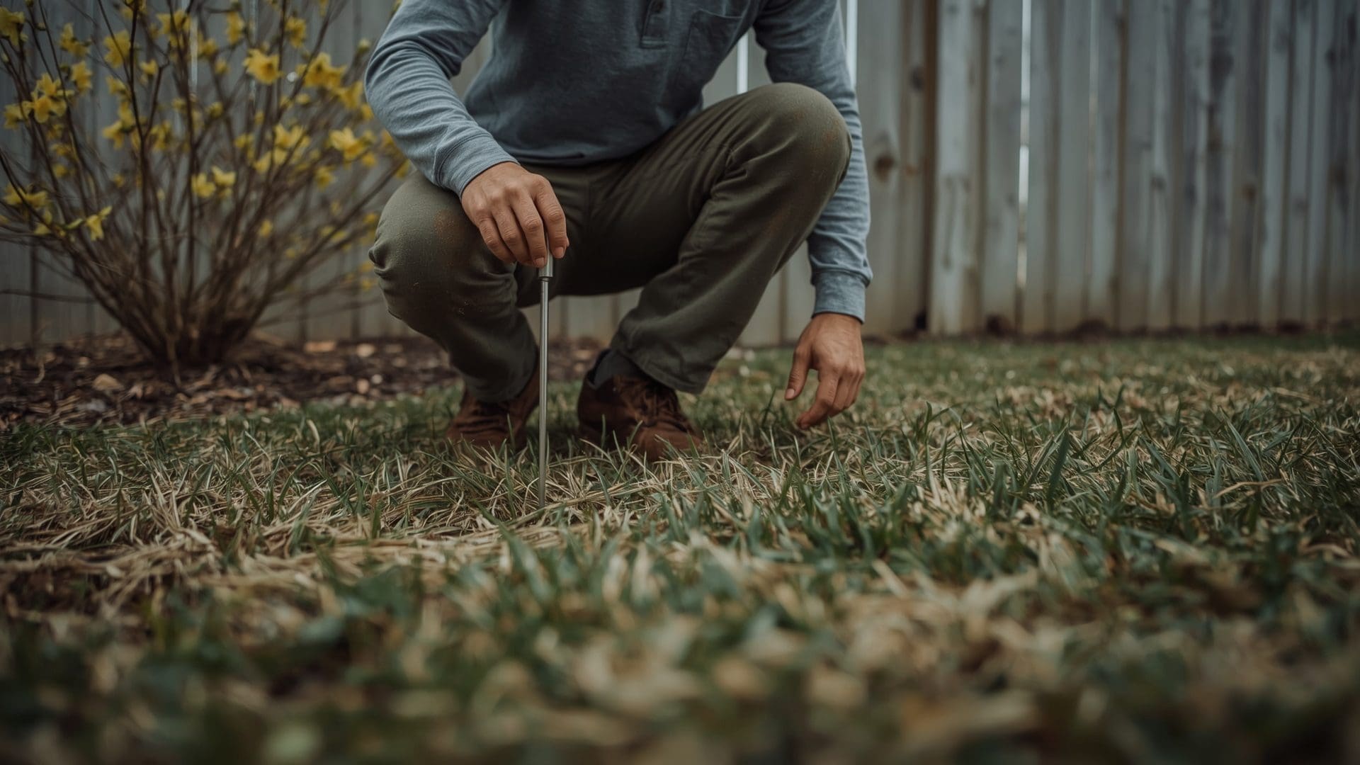 Homeowner checking soil temperature with thermometer before spring pre-emergent herbicide application