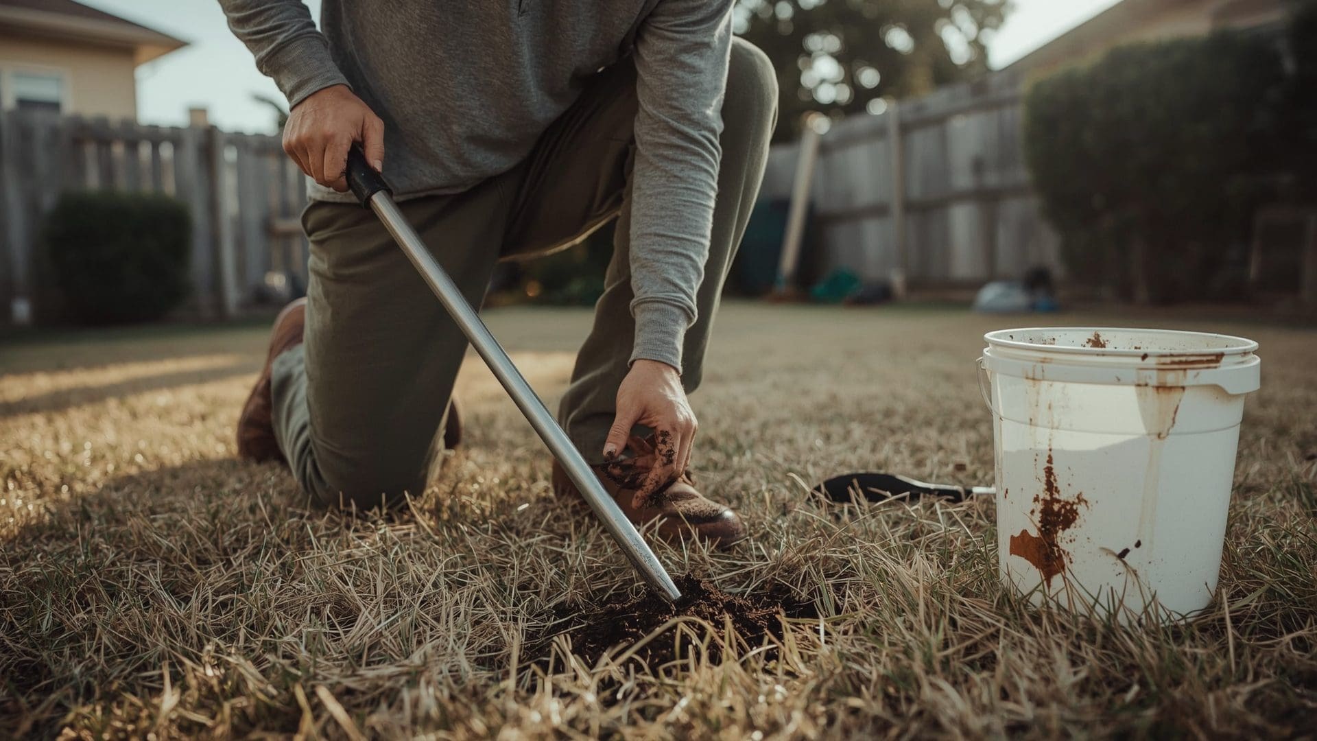 Homeowner collecting lawn soil sample using a soil probe in backyard