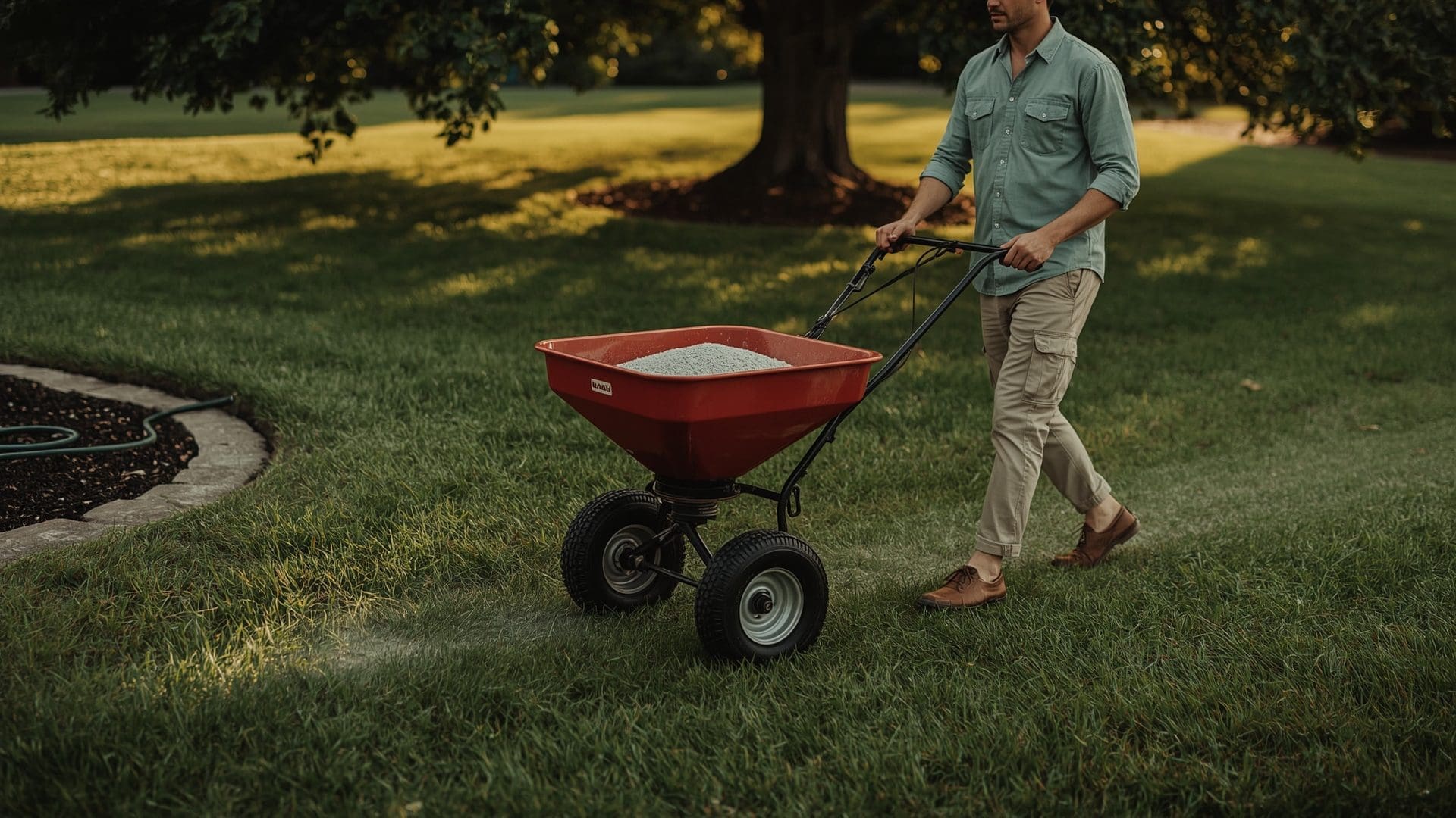 Homeowner spreading lime amendment across lawn with broadcast spreader