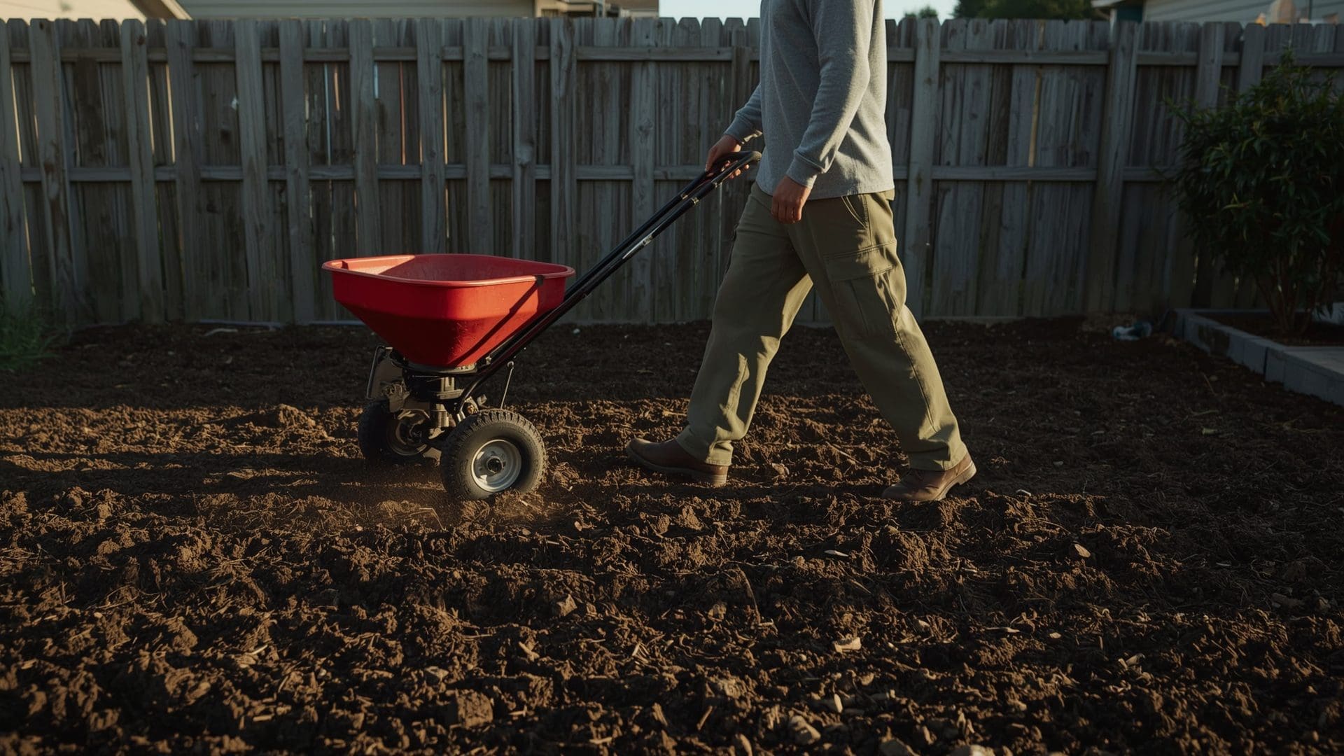 Man pushing broadcast spreader across bare soil seedbed during afternoon lawn seeding
