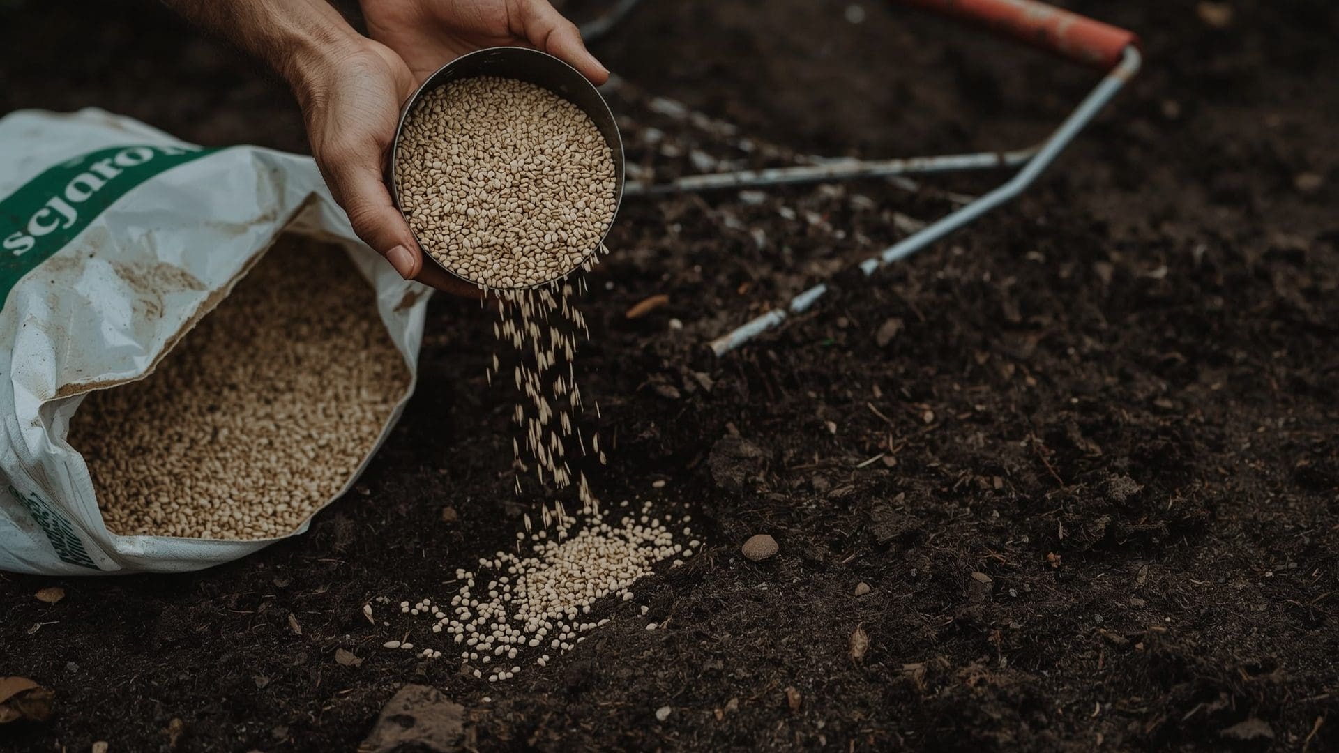 Weathered hands applying granular starter fertilizer onto dark moist garden soil