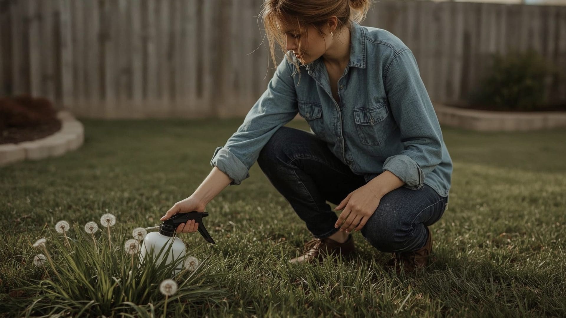 Woman applying post-emergent herbicide to dandelion weeds in residential lawn